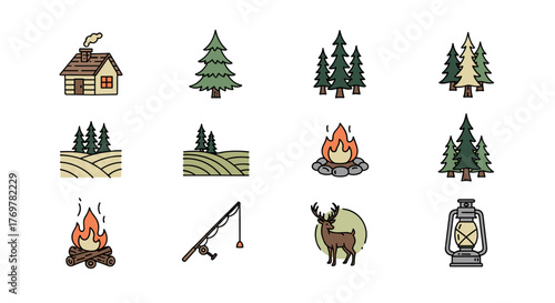 Collection of flat design icons representing outdoor activities and nature, including a cozy cabin, evergreen trees, rolling hills, a campfire, fishing rod, majestic deer, and a vintage lantern