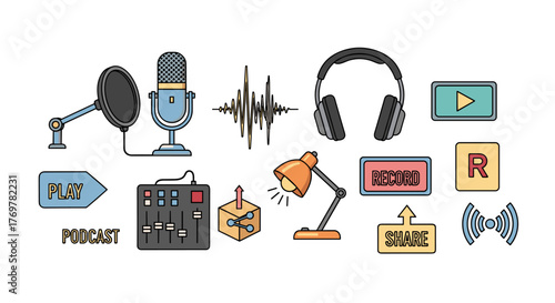 A vibrant collection of podcasting and audio recording equipment and icons, including microphones, headphones, a sound mixer, a desk lamp, play and record buttons, a share icon, and a sound wave