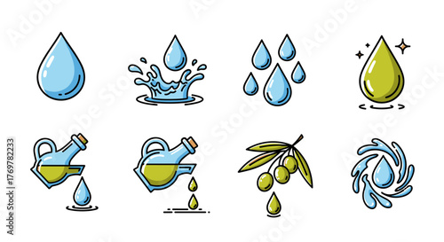 Set of eight stylized icons representing water and olive oil, featuring single drops, splashes, pouring oil from a jug, and an olive branch with olives, all on a black background, perfect for