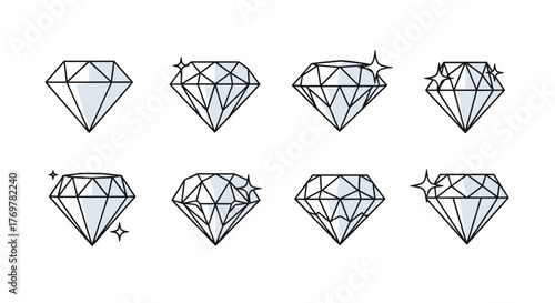 Collection of eight sparkling diamond icons, each showcasing a unique facet cut and subtle glints of light, presented on a clean black background, representing luxury, wealth, and precious gemstones