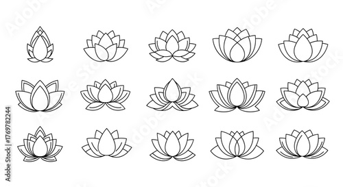Collection of stylized lotus flower outlines, showcasing various stages of bloom and petal arrangements, presented in a clean, minimalist line art style on a dark background, perfect for design