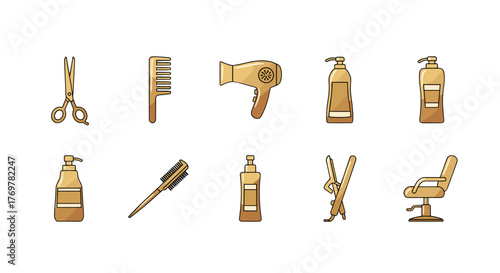 Golden icons of hairdressing and beauty salon equipment, including scissors, comb, hairdryer, shampoo bottles, hair straightener, and barber chair, presented on a black background for a professional