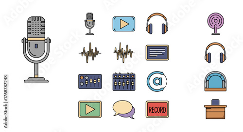 Collection of flat design icons representing audio recording and broadcasting equipment, including microphones, headphones, sound waves, mixing consoles, play buttons, speech bubbles, and a record