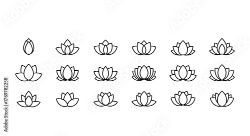 A collection of delicate, minimalist line art illustrations depicting various lotus flower stages and forms, showcasing the beauty and symbolism of this sacred bloom in a clean, elegant, and