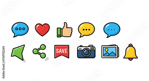 Collection of social media icons and symbols on a black background, including a chat bubble, heart, thumbs up, save button, camera, image gallery, bell, cursor, and share icon, representing online