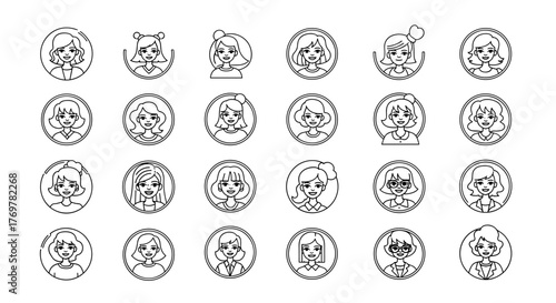 A diverse collection of 24 unique, hand-drawn avatar icons featuring women with various hairstyles, expressions, and simple clothing, presented in a clean, minimalist white outline style against a