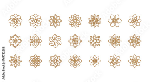 Collection of 18 intricate golden floral mandala designs on a black background, perfect for decorative elements, graphic resources, and artistic backgrounds, showcasing symmetry and detailed patterns.