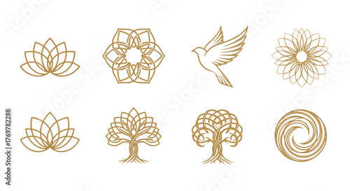 Collection of elegant golden geometric and nature-inspired line art symbols on a black background, featuring lotus flowers, intricate mandalas, a soaring dove, stylized trees of life, and a swirling
