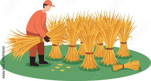 Wheat harvesting vector illustration, farmer in red outfit gathering crop bundles on green field, white background for agriculture and rural labor concepts