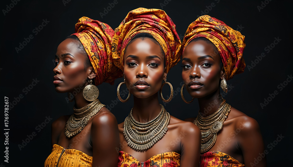 Fototapeta premium Three beautiful african woman stand together on black backdrop. Models wear traditional dress, headwrap, jewelry. Represent cultural heritage, diversity, unity in ethnicity, female beauty. Concept of