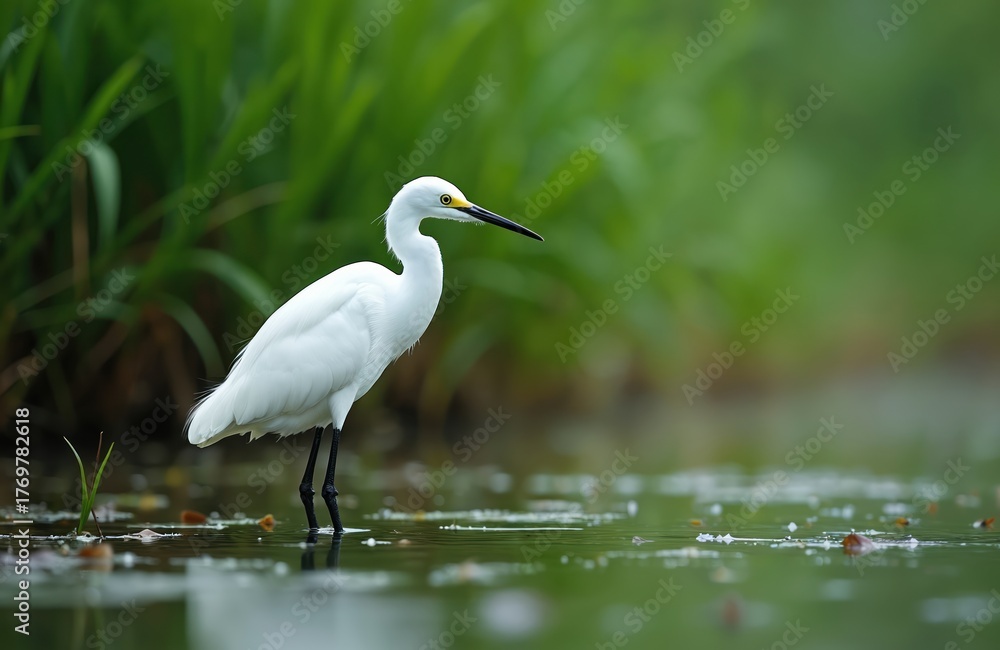 Obraz premium White egret bird stands in shallow water, calmly searching for food in wetland marsh pond. Beautiful heron long black legs, distinctive yellow eye. Green plants in soft background, creating peaceful