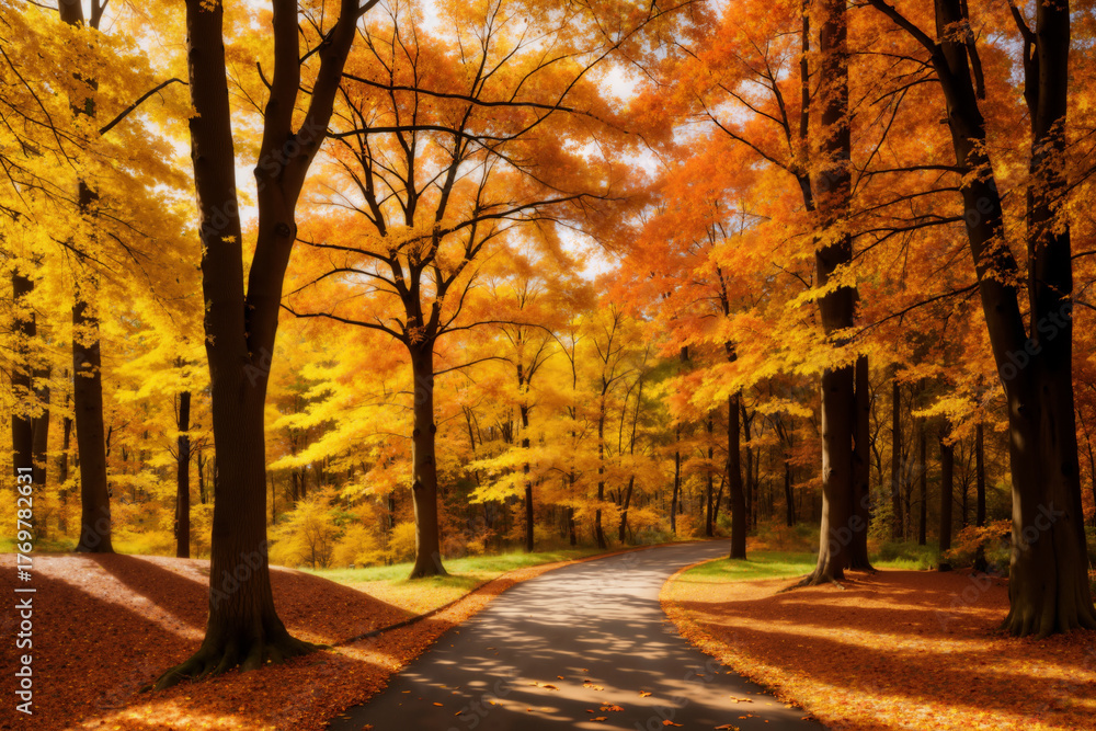 Fototapeta premium beautiful autumn landscape, forest and ground road on bright sunny day, yellow trees and sunlight