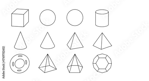Collection of basic geometric shapes and polyhedra, including a cube, sphere, cylinder, cones, pyramid, torus, prism, and dodecahedron, presented as simple line drawings on a black background, ideal