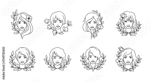 A collection of eight elegant line art illustrations featuring diverse female faces adorned with floral elements and laurel wreaths, presented in a clean white outline style against a stark black