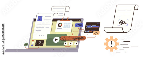 Laptop showcases multimedia, documents, code, and analytics tools. Nearby, a document with a signature and gear highlights tasks and innovation. Ideal for technology, coding, productivity project