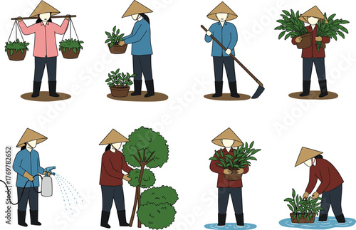 Farming and gardening vector illustration set, eight workers in conical hats performing agricultural tasks, white background for rural and labor concepts