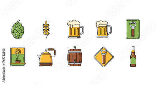 A vibrant collection of flat design icons representing the brewing process and elements of beer, including hops, barley, beer mugs, a barrel, a kettle, a bottle opener, and a beer bottle, perfect for