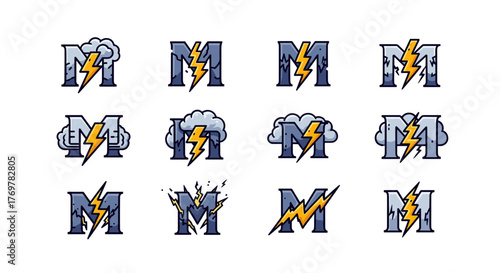 Collection of twelve stylized letter M icons, each featuring a yellow lightning bolt striking through a weathered, stone-like capital M, with some variations incorporating stormy clouds and crackling