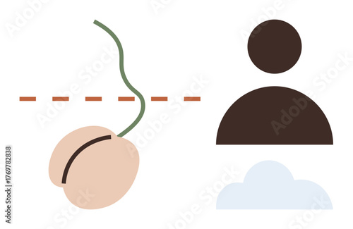 Sprouting seed with stem crossing dashed line, symbolic person shape, and cloud. Ideal for growth, innovation, sustainability, environment, ideas potential development. Simple flat metaphor
