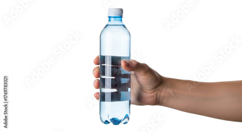 Close-up of a person's hand holding a clear plastic bottle of fresh, pure drinking water isolated on a clean white background