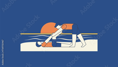 Pair practicing partner yoga on a sandy beach at sunset, stretching and balancing together to convey wellness, connection, mindfulness, and peaceful outdoor fitness