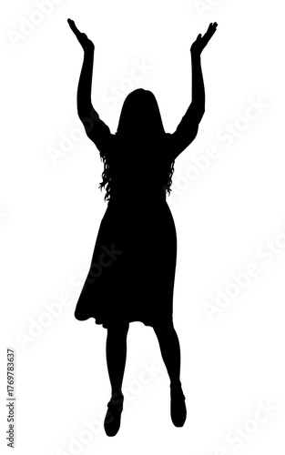Silhouette of a standing woman applauding with her hands raised. Vector illustration