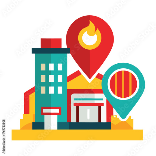Fire Station Vector Map Icon with Fire Truck and Location Pin