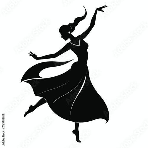 Female Dancer Performing Classical Kathak Pose with Flowing Dress
