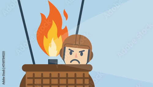 A closeup of the burner flame scorching with heat and light momentarily illuminating the pilots focused face in the basket.