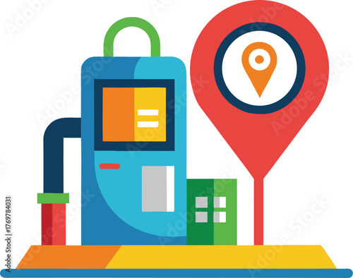 Gas station map icon with fuel pump and location pin, colorful vector