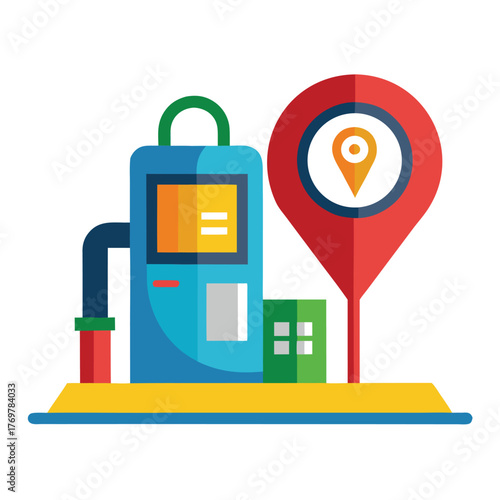 Gas station map icon with fuel pump, location pin colorful vector.