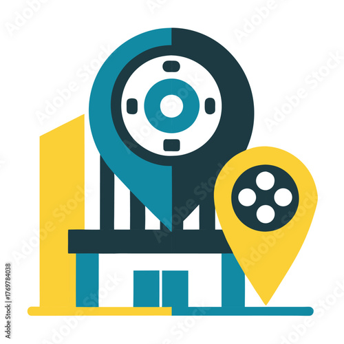 Cinema map icon with film reel and location pin colorful vector