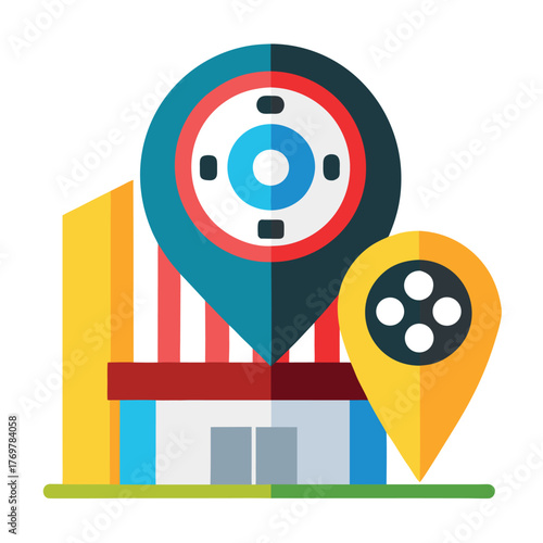 Cinema building map icon with film reel and location pin, colorful vector