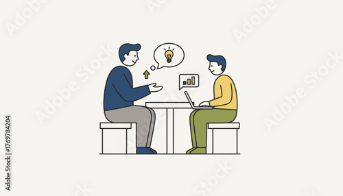 Two business professionals analyze charts and data together in a meeting, collaborating on a startup idea and strategy while discussing plans on a laptop and sharing insights