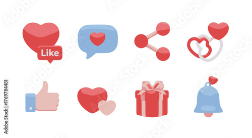 Collection of 3D social media icons and symbols, including a red heart with a 'Like' speech bubble, a blue chat bubble with a heart, a share icon, intertwined hearts, a thumbs-up gesture, two hearts