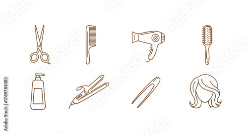 Golden outline icons of hair salon and barber shop tools and accessories, including scissors, comb, hair dryer, hairbrush, shampoo bottle, hair straightener, hair clips, and a stylized female