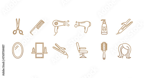 Golden outline icons of hairdressing and beauty salon equipment set against a black background, including scissors, comb, hairdryer, hairspray, straightener, curling iron, mirror, barber chair