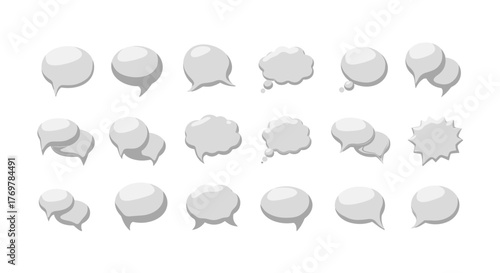 A diverse collection of 3D rendered speech bubbles and thought clouds in various shapes and sizes, presented in a clean, minimalist white on a black background, perfect for communication, ideas, and
