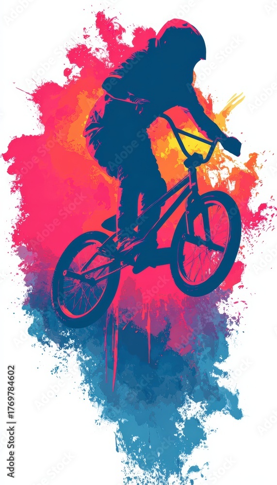 Fototapeta premium Dynamic BMX Trick Silhouette with Vibrant Gradient Explosion