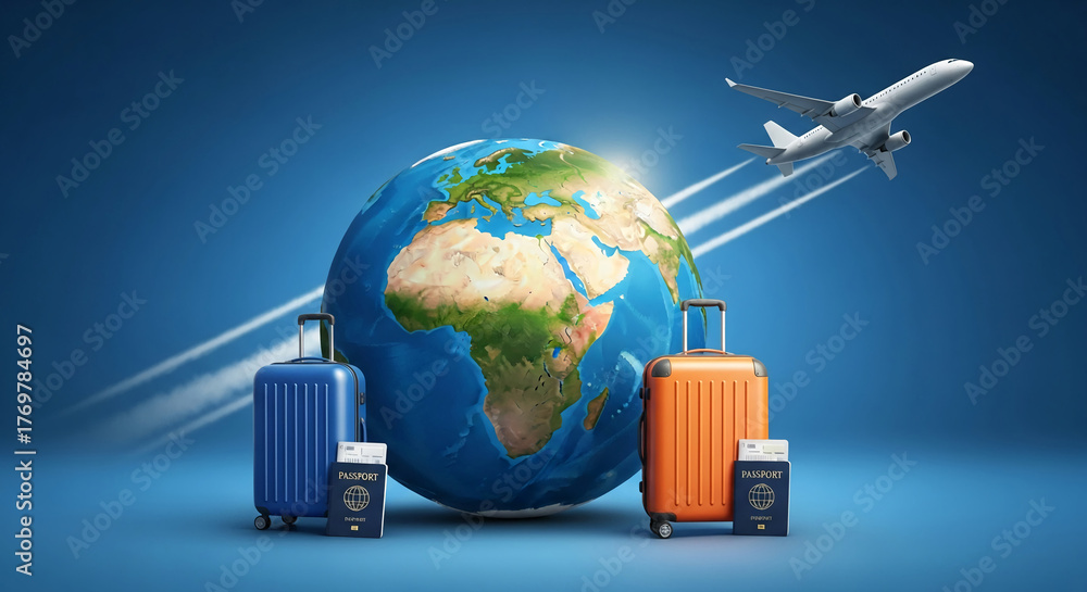 Fototapeta premium Digital image of globe with blue suitcase, orange suitcase, passport, ticket and airplane, representing international travel and global destination