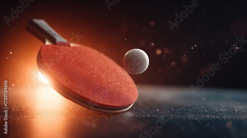 Dynamic Table Tennis Action with Red Paddle and White Ball in Mid-Air