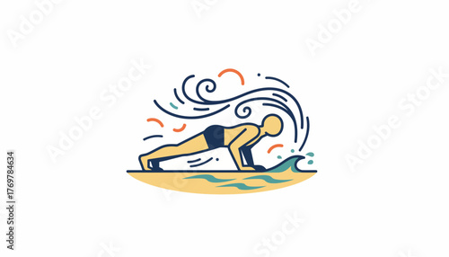 Man doing a push up exercise on a sandy beach next to a breaking wave, illustrating fitness, strength, and outdoor workout at the sea, presented on a transparent background
