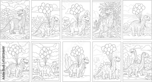 Vector illustration of dinosaurs enjoying party with balloons around