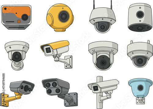 Surveillance camera vector illustration set, twelve security devices with varied shapes, mounts, and features, white background for safety and tech concepts