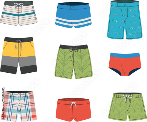 Men’s swimwear vector illustration set, nine colorful shorts and briefs with patterns and drawstrings, white background for fashion and summer concepts