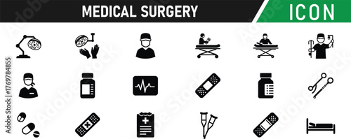 Medical Surgery glyph icon set. Including Scalpel, Syringe, Stethoscope, Heart, Pill, Bone, Hospital, Ambulance. Vector silhouette sign illustration