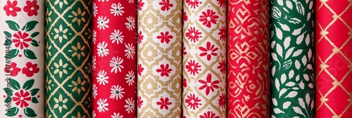 Close-Up of Christmas Wrapping Paper Rolls with Retro Prints in Red, Green, White, and Gold