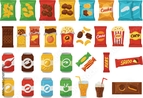 Snack and beverage vector illustration set, colorful packaging of chips, cookies, chocolate bars, soda cans, white background for food design concepts