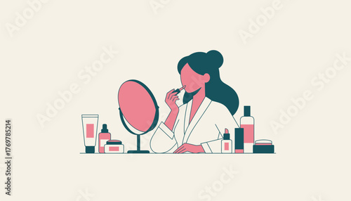 Woman in a bathrobe performing her daily beauty ritual, applying lipstick while sitting at a vanity table surrounded by various skincare products and cosmetics