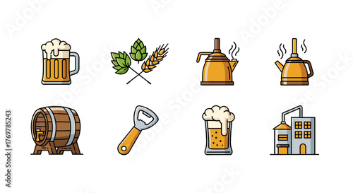 A collection of flat design icons representing the craft beer brewing process, including a frothy beer mug, hops and barley, brewing kettles, a wooden barrel, a bottle opener, and a brewery building